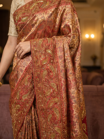 Copper Brown Silk saree with Embroidery