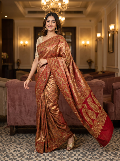Copper Brown Silk saree with Embroidery