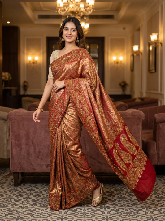 Copper Brown Silk saree with Embroidery