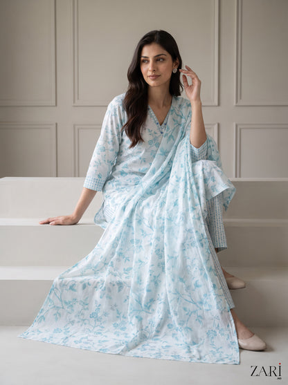 Aqua Blue Floral Jaal Kurta Set