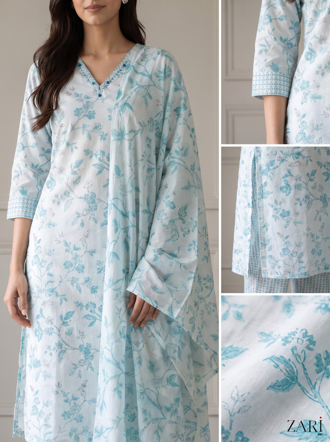 Aqua Blue Floral Jaal Kurta Set