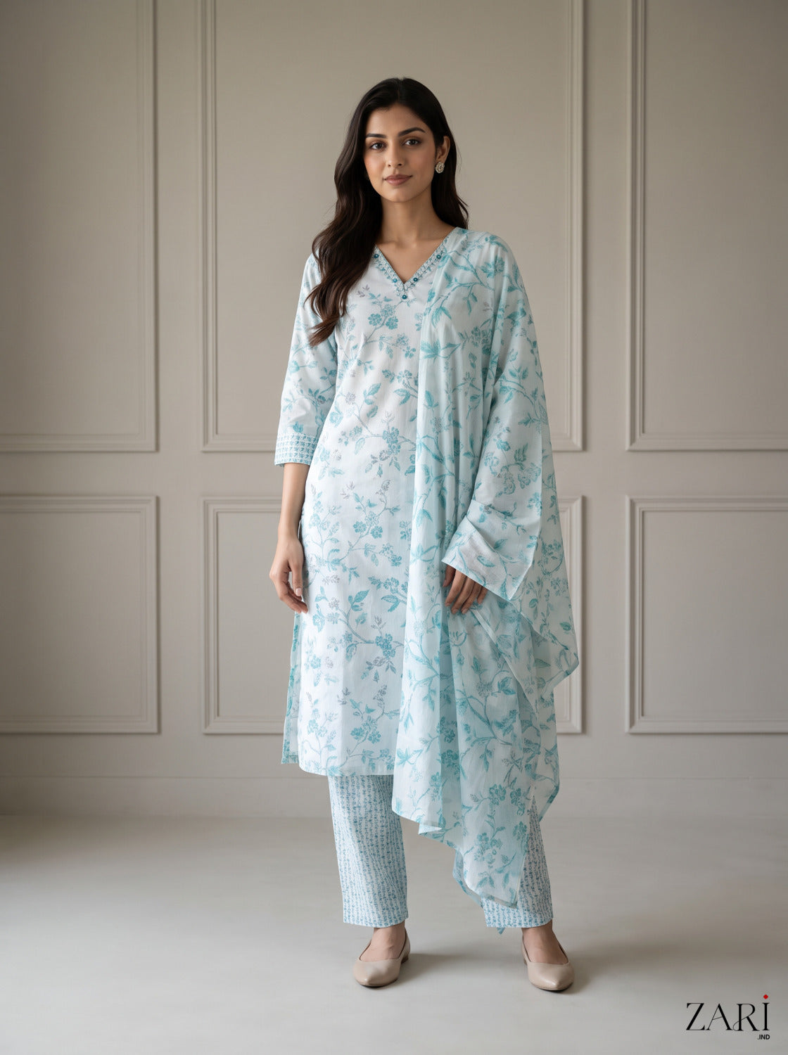 Aqua Blue Floral Jaal Kurta Set
