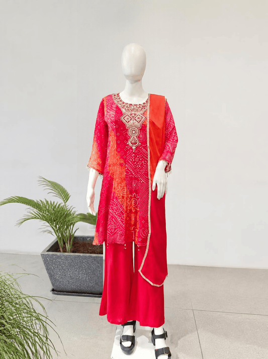 Pink Bandhani Print Kurta Set with Embroidered Dupatta