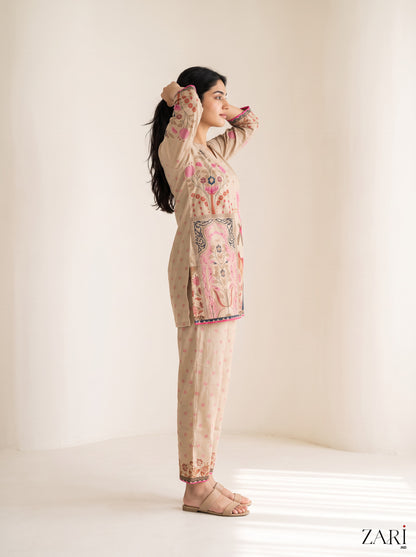 Beige Floral Printed Cotton Co-ord Set with Notch Neck