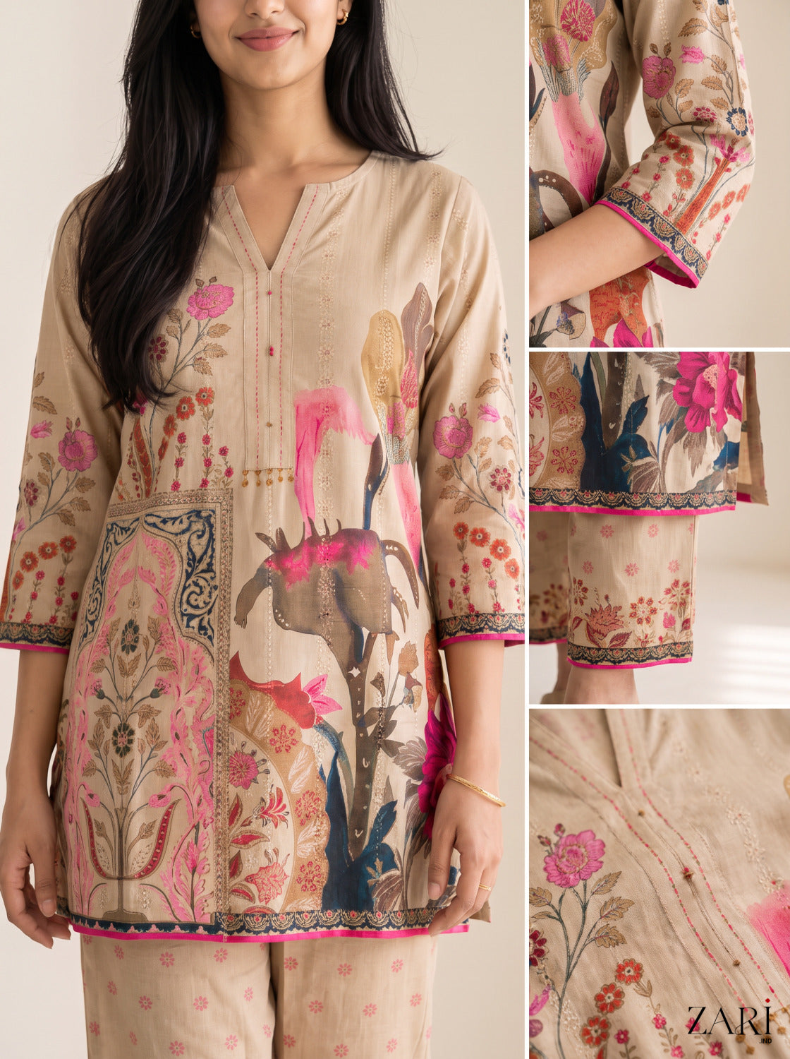Beige Floral Printed Cotton Co-ord Set with Notch Neck