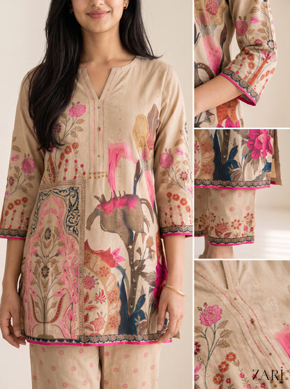 Beige Floral Printed Cotton Co-ord Set with Notch Neck