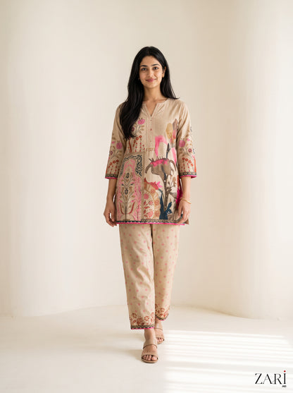 Beige Floral Printed Cotton Co-ord Set with Notch Neck