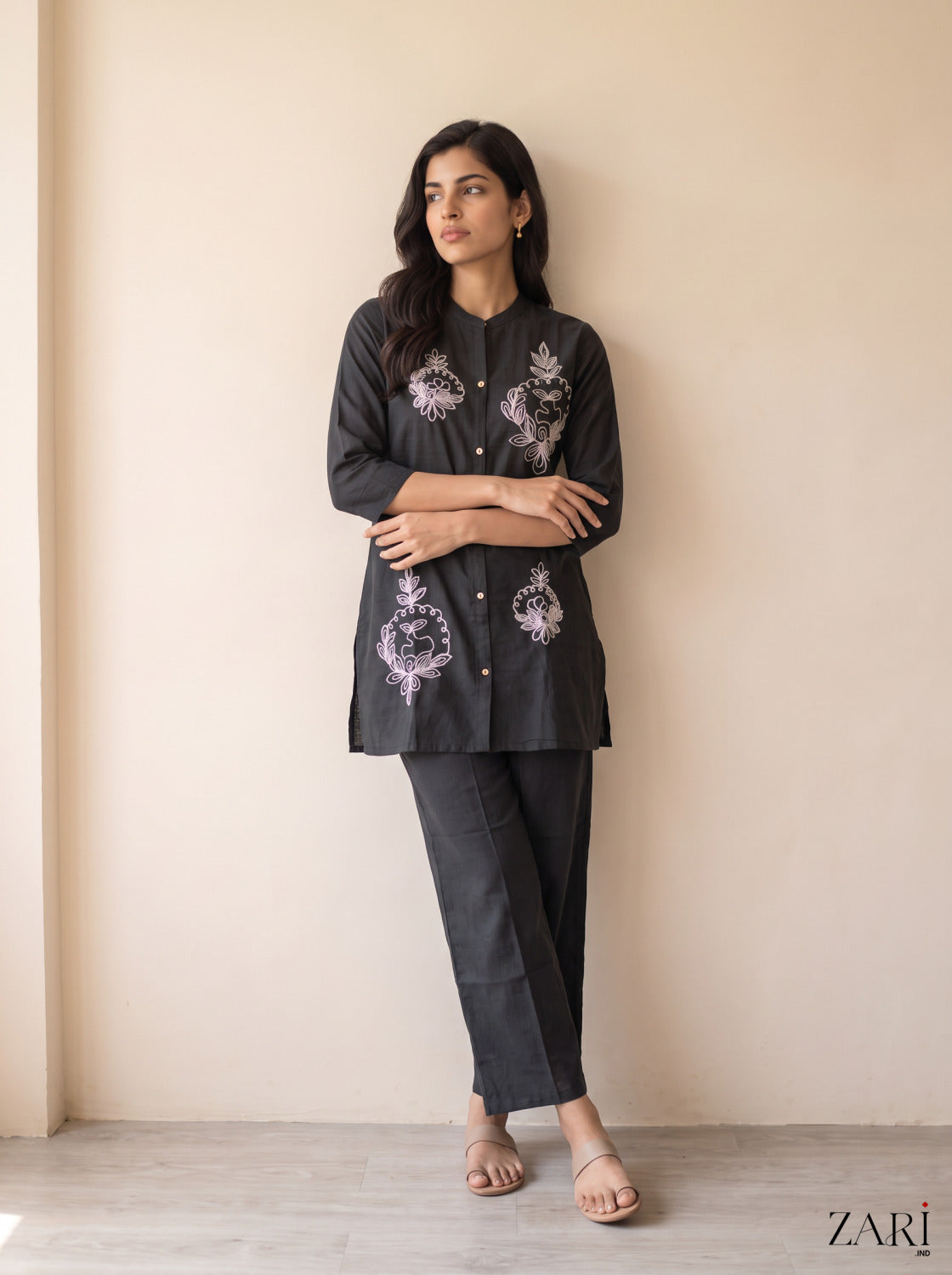 Black Cotton Co-ord Set with White Thread Embroidery