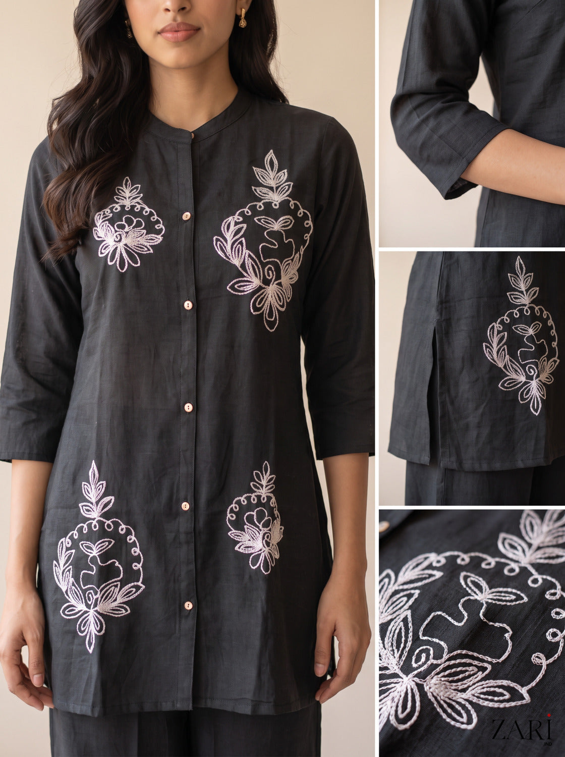 Black Cotton Co-ord Set with White Thread Embroidery