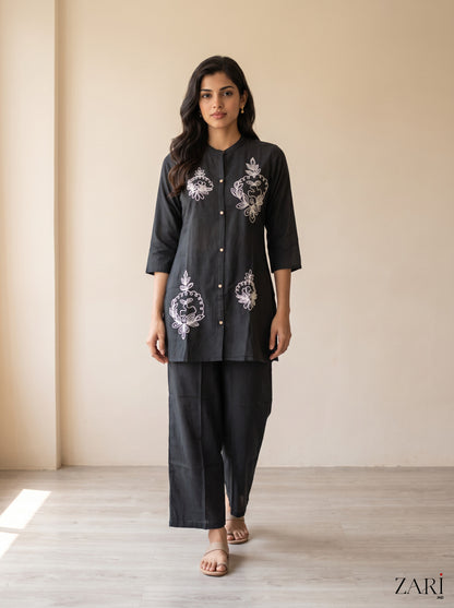 Black Cotton Co-ord Set with White Thread Embroidery