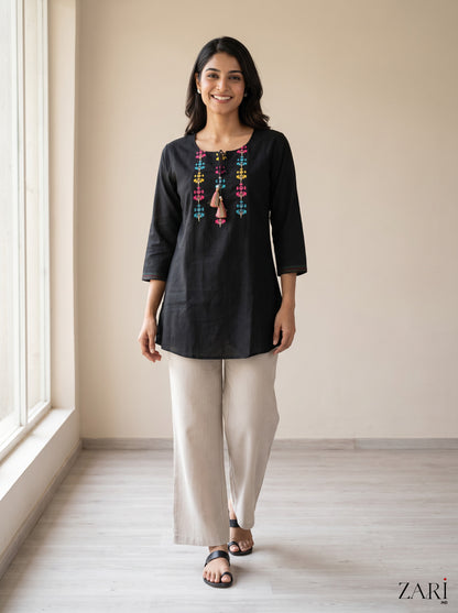 Black Cotton Kurti with Multicolor Embroidery & Tassels