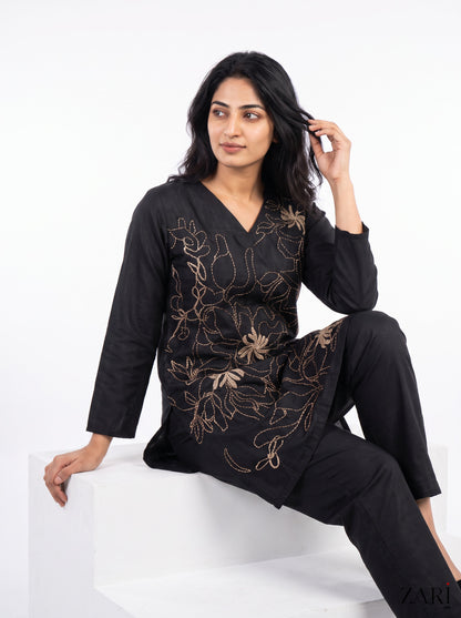 Black Gold Thread Embroidered Short Kurta Set