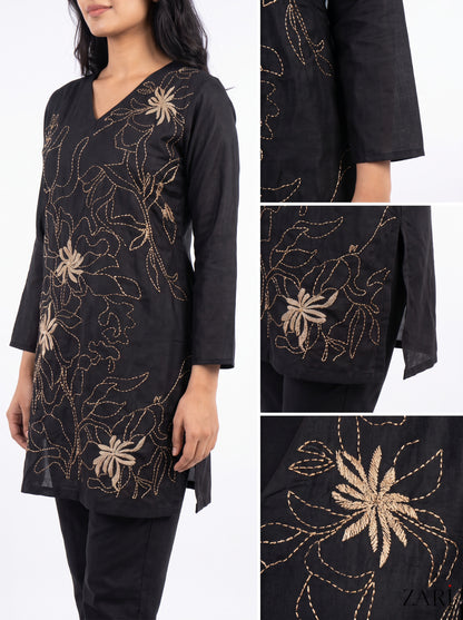 Black Gold Thread Embroidered Short Kurta Set