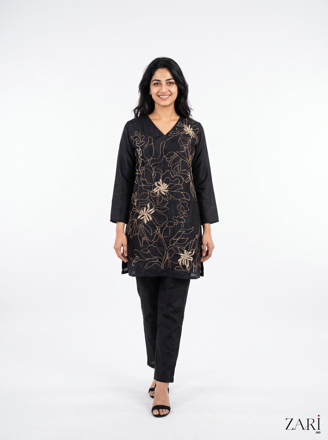 Black Gold Thread Embroidered Short Kurta Set