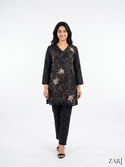 Black Gold Thread Embroidered Short Kurta Set