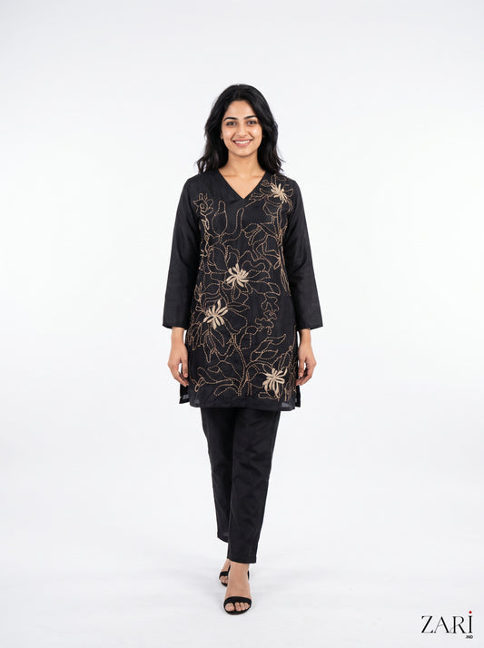 Black Gold Thread Embroidered Short Kurta Set
