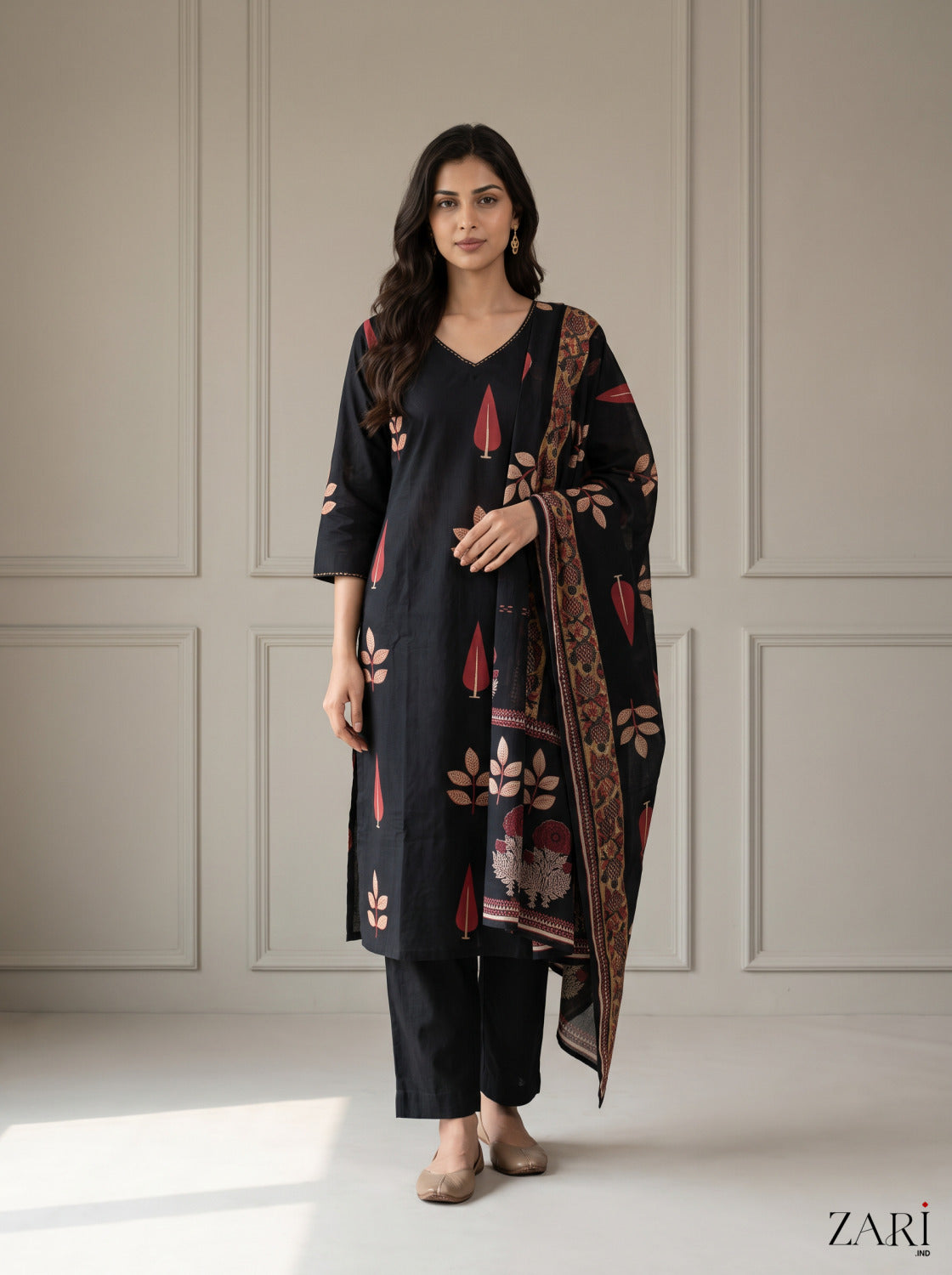 Black Leaf Print Cotton Kurta Set