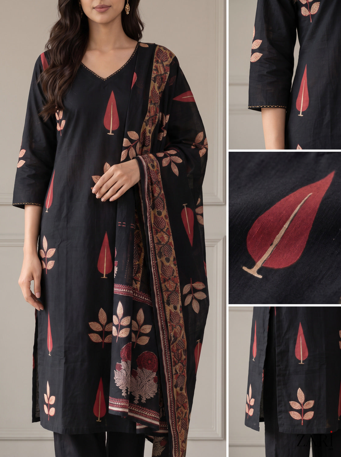 Black Leaf Print Cotton Kurta Set