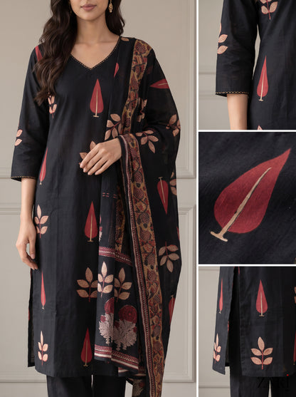 Black Leaf Print Cotton Kurta Set