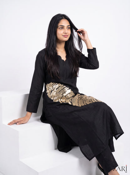 Black Sequin Leaf Kurta Set