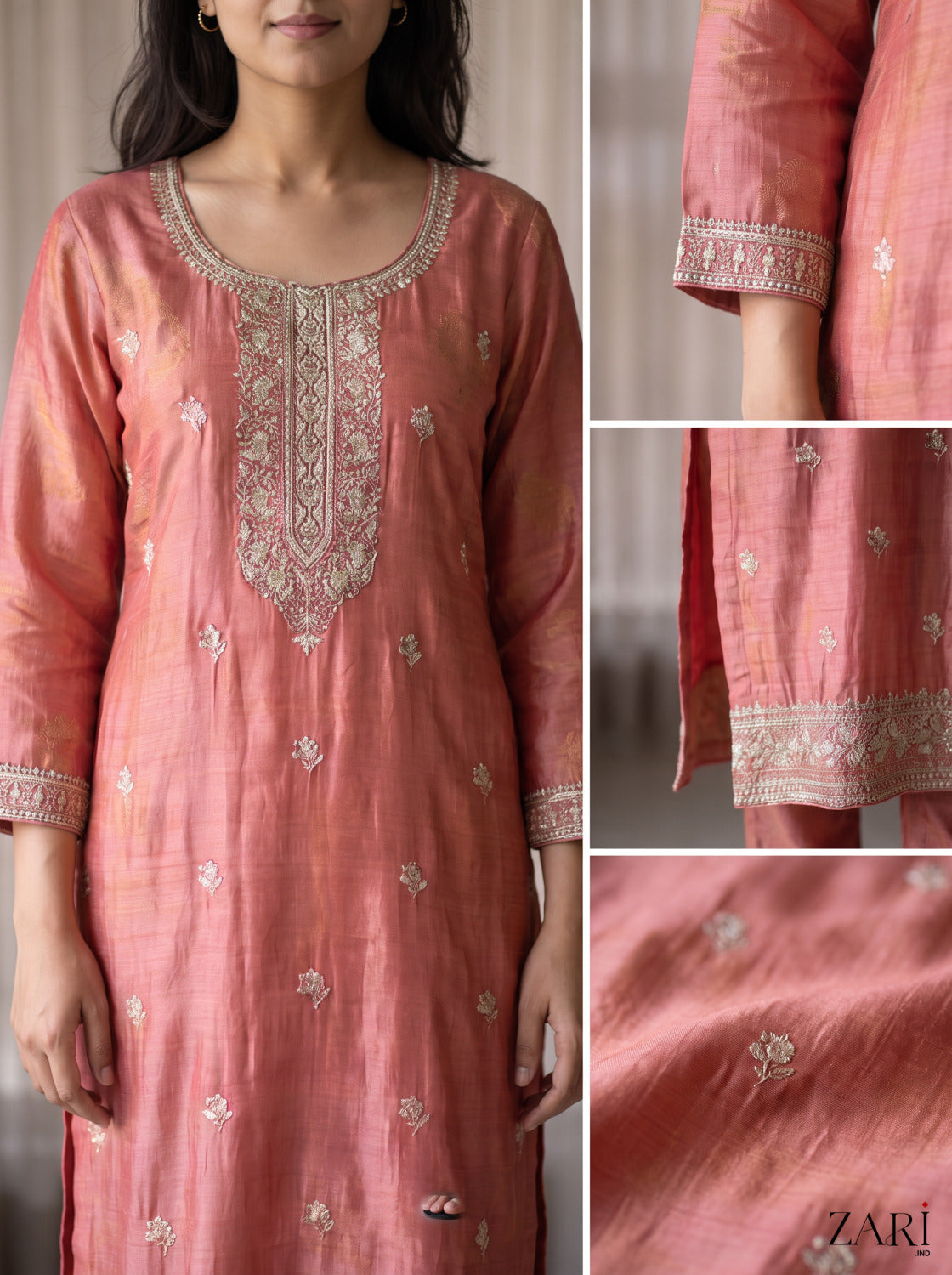 Coral Pink Zari Embroidered Kurta Set