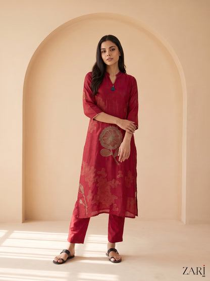 Crimson Bloom Embroidered Kurta Pant Set