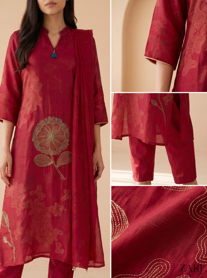 Crimson Bloom Embroidered Kurta Pant Set