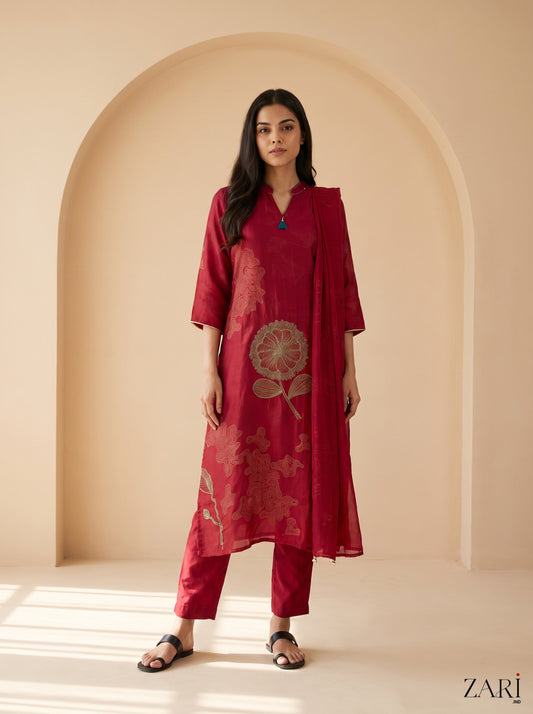 Crimson Bloom Embroidered Kurta Pant Set