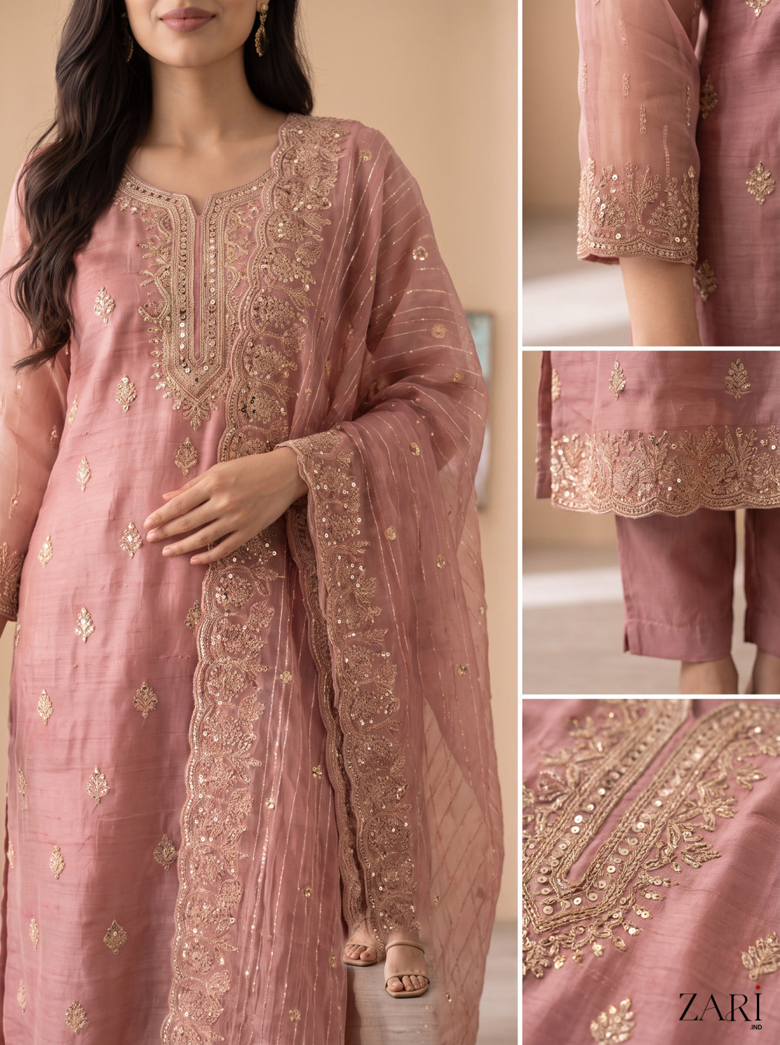  Dusty pink kurta set with sequin dupatta