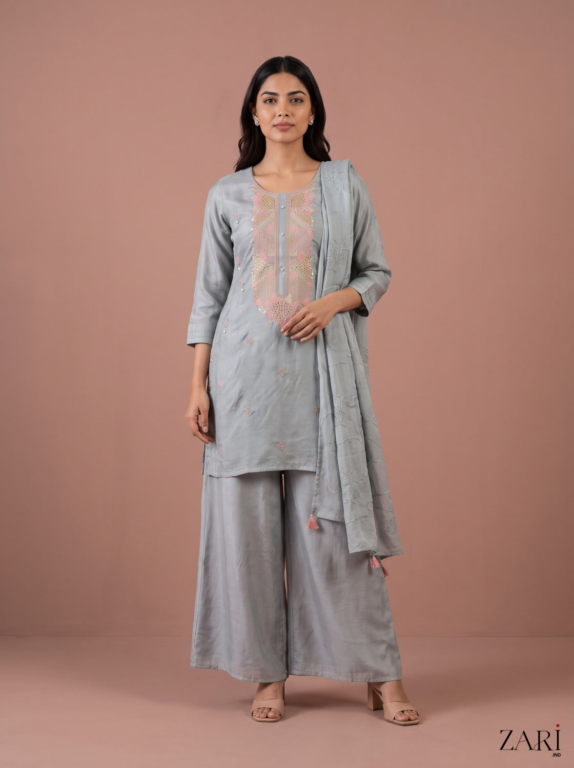 Grey kurta set with pink yoke embroidery and dupatta