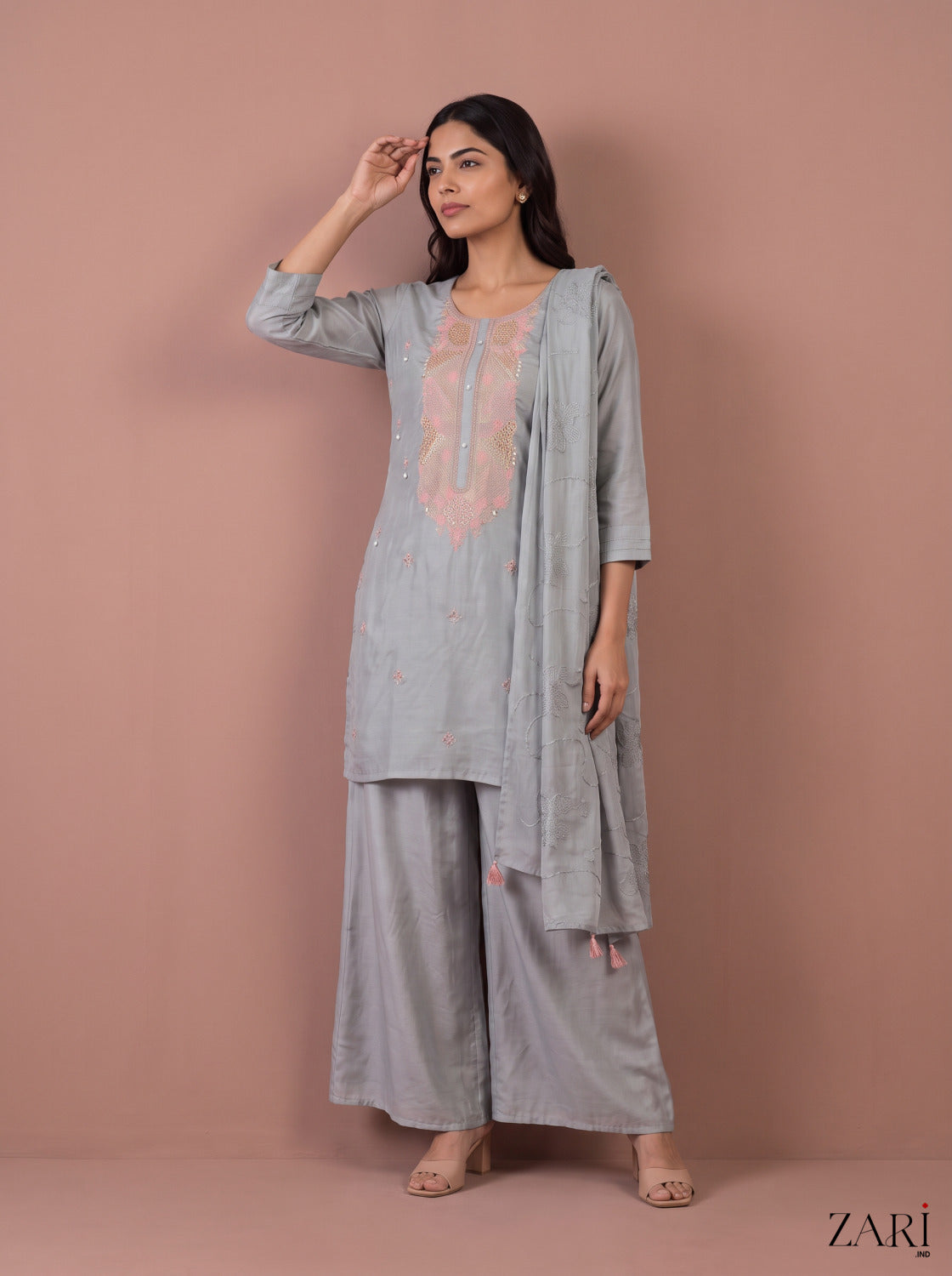 Grey kurta set with pink yoke embroidery and dupatta