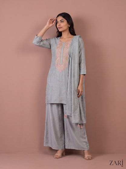 Grey kurta set with pink yoke embroidery and dupatta