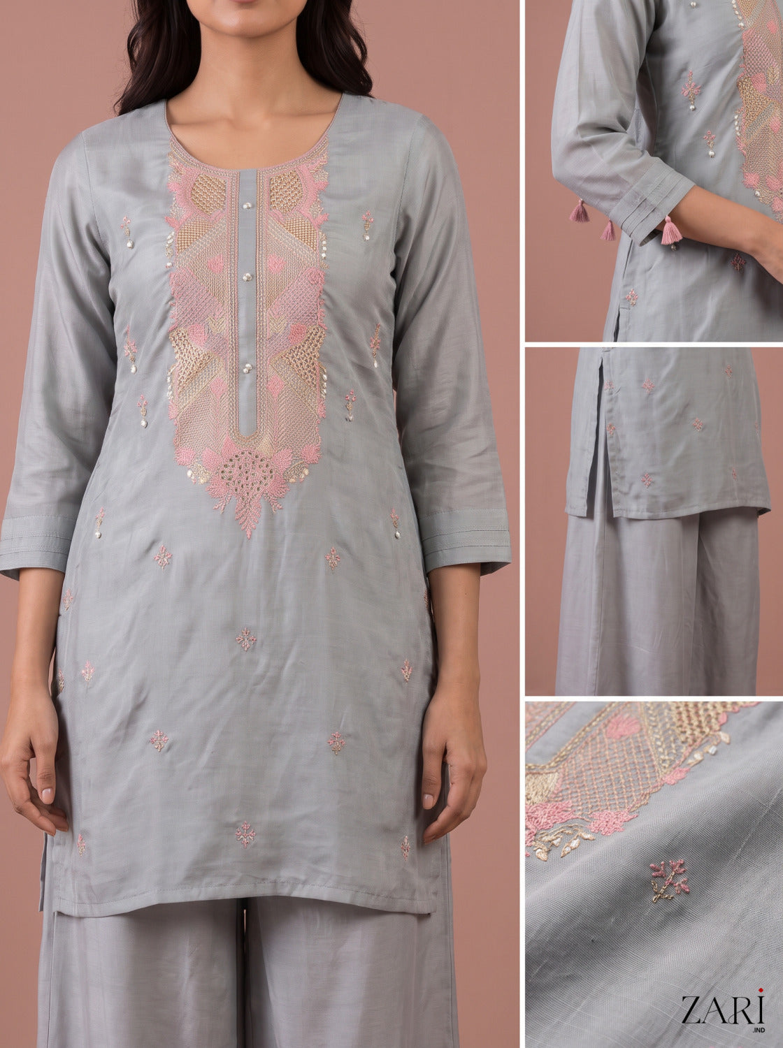 Grey kurta set with pink yoke embroidery and dupatta