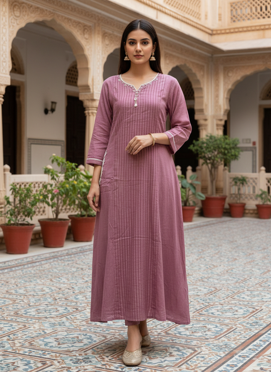 Mauve Striped Chanderi Kurta with Trousers & Dupatta Kurta 12968-12