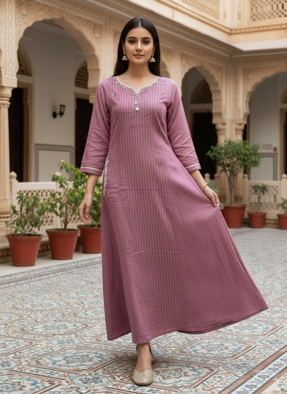 Mauve Striped Chanderi Kurta with Trousers & Dupatta Kurta 12968-12
