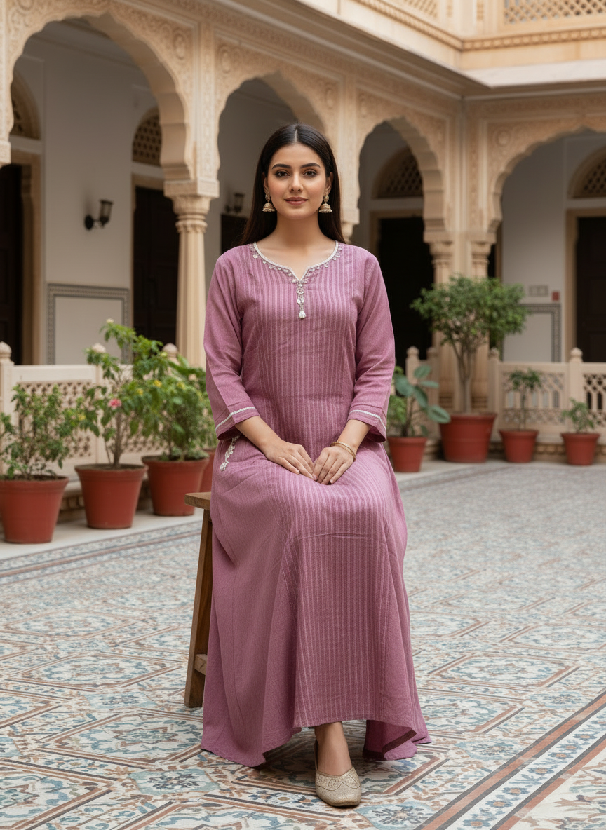 Mauve Striped Chanderi Kurta with Trousers & Dupatta Kurta 12968-12