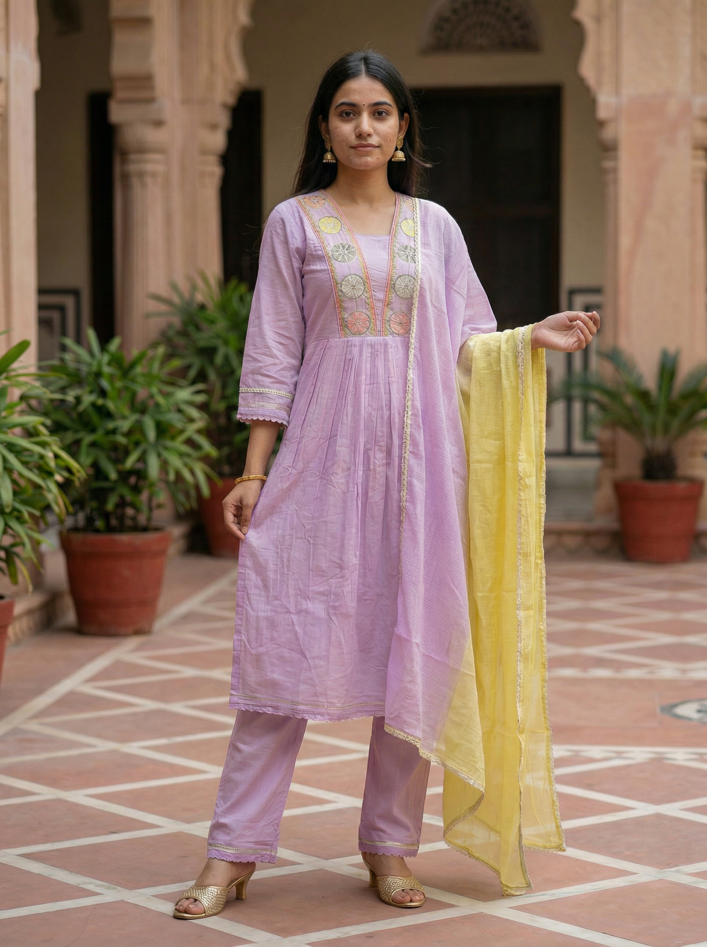 Light Lavender Embroidered Anarkali Kurta with Trousers & Dupatta 12622