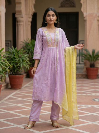 Light Lavender Embroidered Anarkali Kurta with Trousers & Dupatta 12622