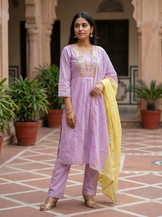 Light Lavender Embroidered Anarkali Kurta with Trousers & Dupatta 12622