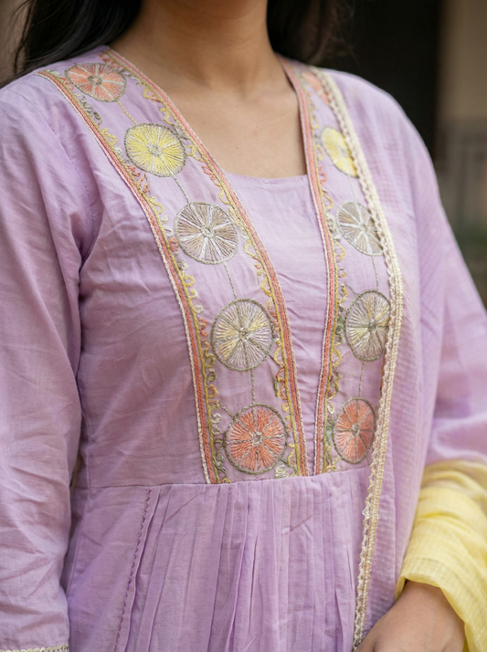 Light Lavender Embroidered Anarkali Kurta with Trousers & Dupatta 12622