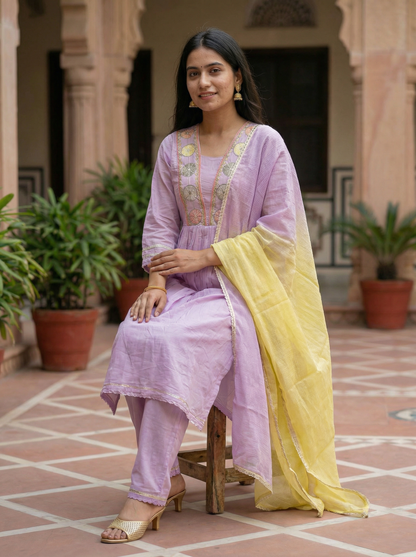 Light Lavender Embroidered Anarkali Kurta with Trousers & Dupatta 12622