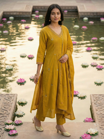 Mustard Yellow Embroidered A-Line Kurta with Trousers & Dupatta