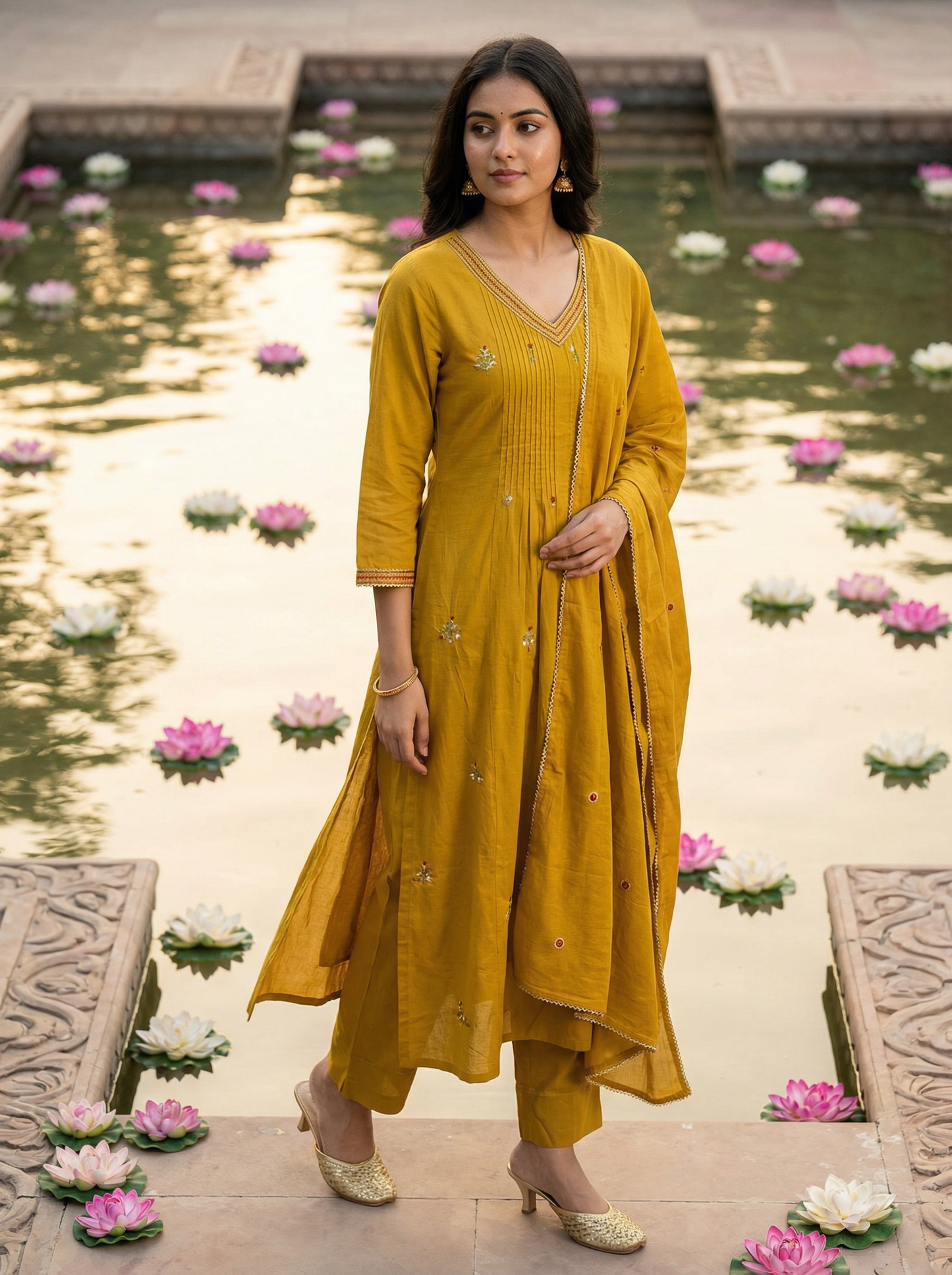 Mustard Yellow Embroidered A-Line Kurta with Trousers & Dupatta