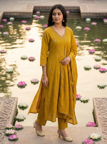Mustard Yellow Embroidered A-Line Kurta with Trousers & Dupatta