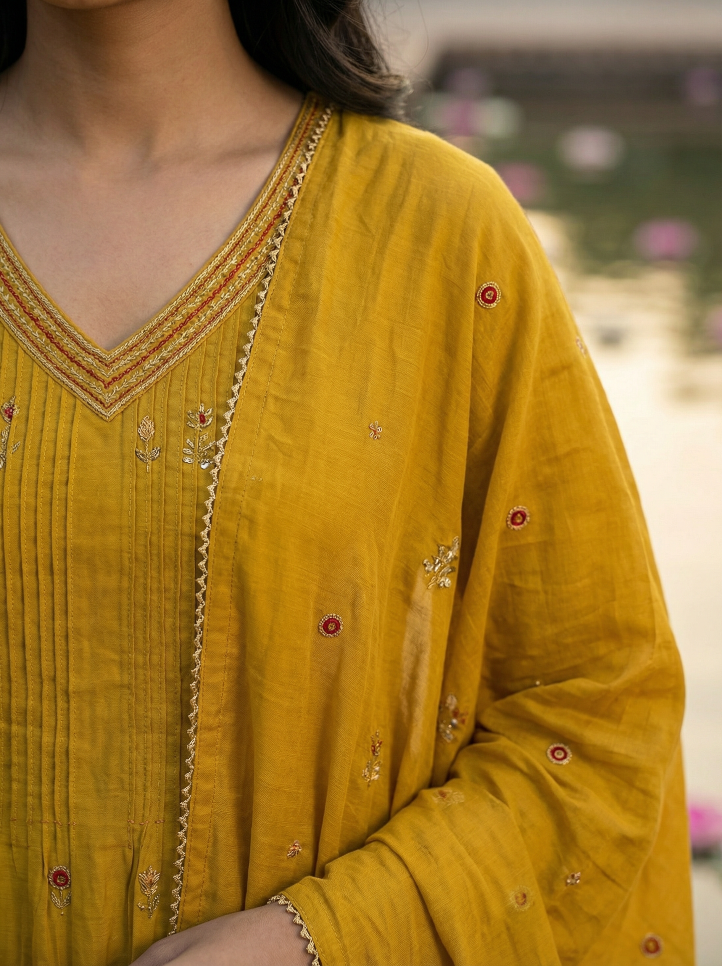 Mustard Yellow Embroidered A-Line Kurta with Trousers & Dupatta