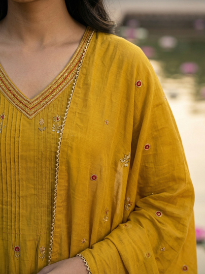 Mustard Yellow Embroidered A-Line Kurta with Trousers & Dupatta