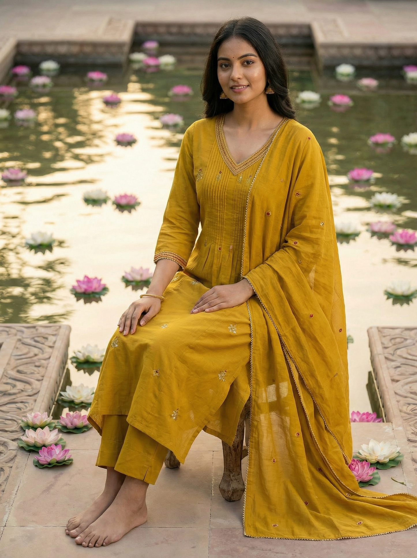Mustard Yellow Embroidered A-Line Kurta with Trousers & Dupatta