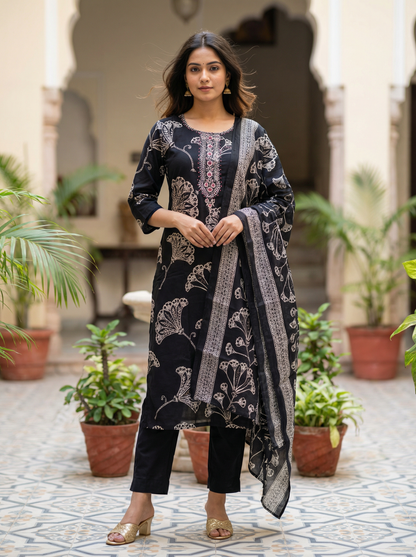 Black Straight Kurta with Trousers & Dupatta 12818-S