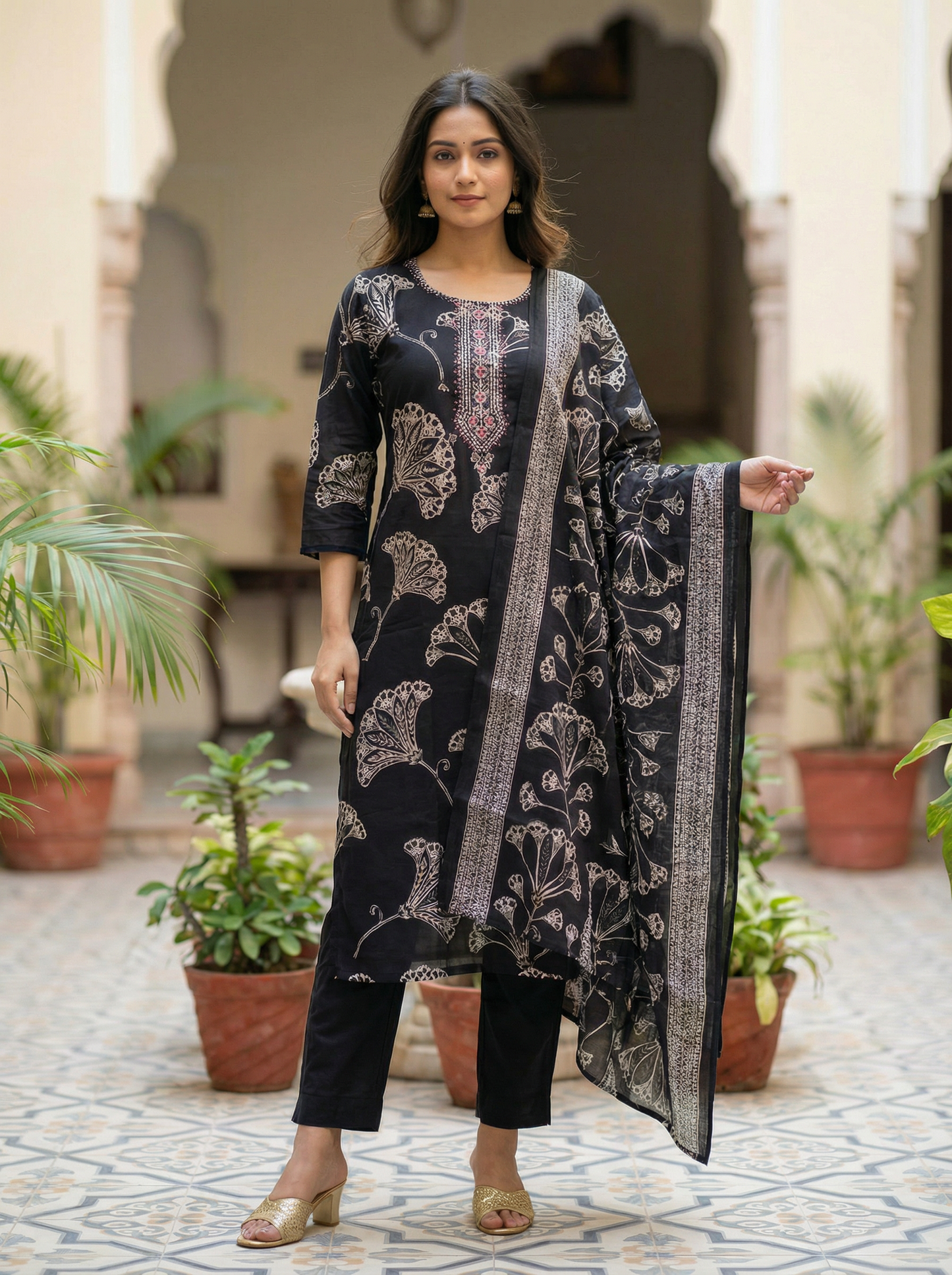 Black Straight Kurta with Trousers & Dupatta 12818-S