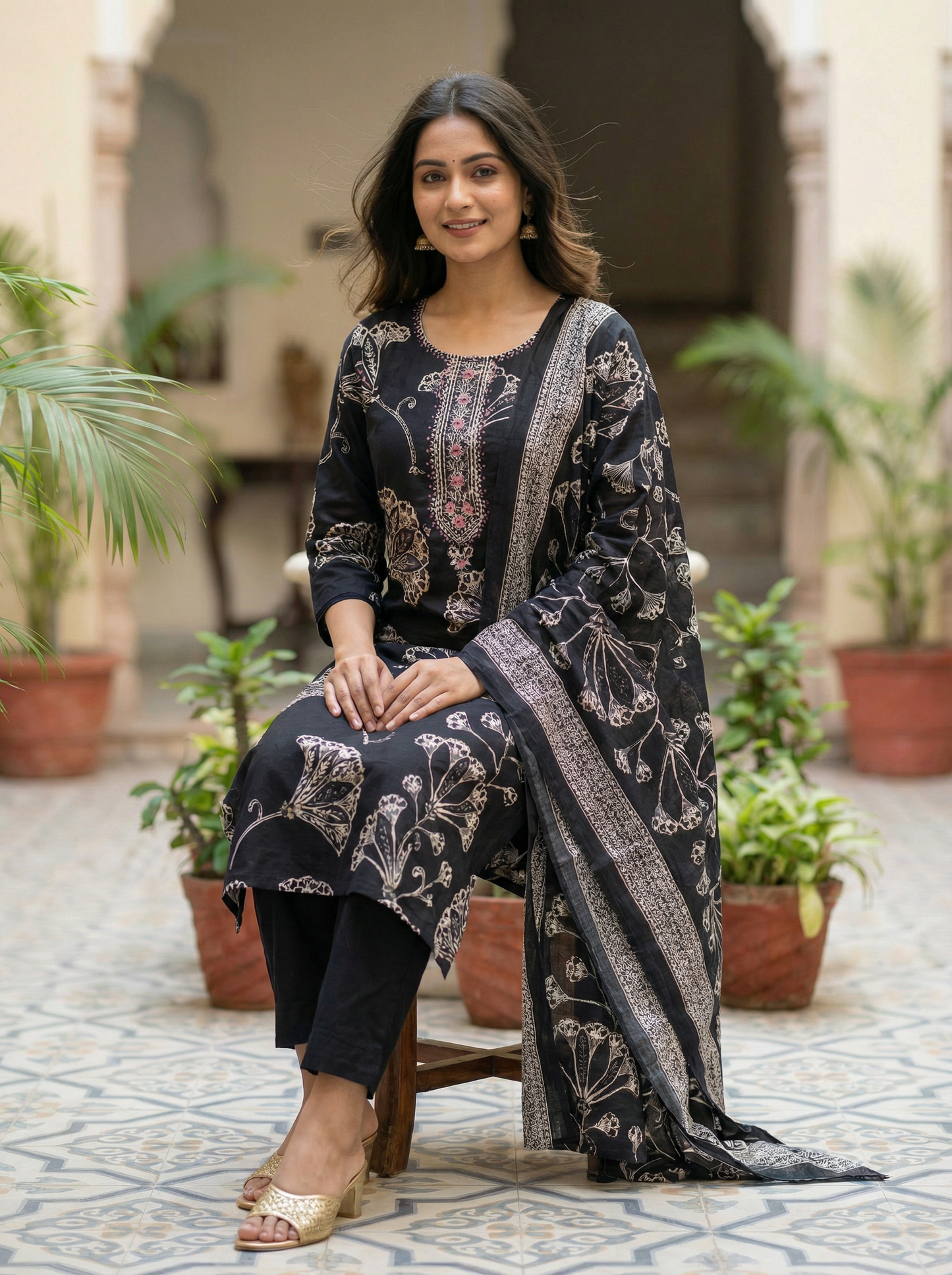 Black Straight Kurta with Trousers & Dupatta 12818-S